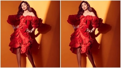 Shilpa Shetty grabs eye balls in this fierce yet elegant avatar in a red ruffled off-shoulder dress. (Instagram/@theshilpashetty) Shilpa Shetty grabs eye balls in this fierce yet elegant avatar in a red ruffled off-shoulder dress. (Instagram/@theshilpashetty)