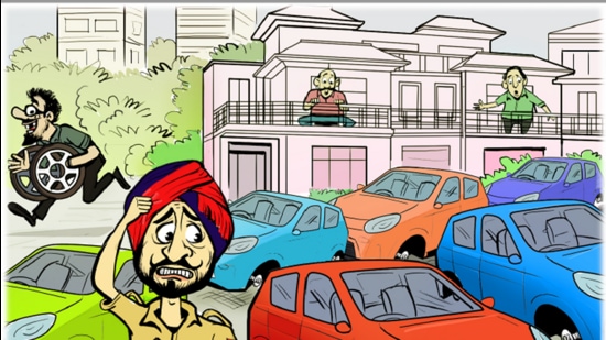 On April 1, the accused were captured on CCTV camera, while stealing tyres from three cars parked in the street in Dugri, but they are yet to be identified. (Illustration: Biswajit debnath/ht)