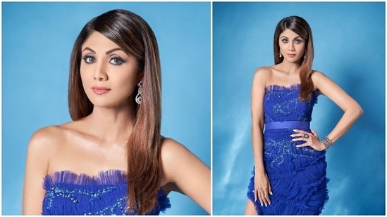 Shilpa Shetty redefined elegance in this red carpet-worthy long thigh-high slit strapless blue sequins dress.(Instagram/@theshilpashetty)