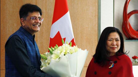 Union Minister of Commerce and Industry Piyush Goyal felicitates Canadian Minister of International Trade, Export Promotion, Small Business and Economic Development Mary Ng during the 5th Ministerial Dialogue on Trade and Investment, in New Delhi on Friday. (ANI /FILE) Union Minister of Commerce and Industry Piyush Goyal felicitates Canadian Minister of International Trade, Export Promotion, Small Business and Economic Development Mary Ng during the 5th Ministerial Dialogue on Trade and Investment, in New Delhi on Friday. (ANI /FILE)