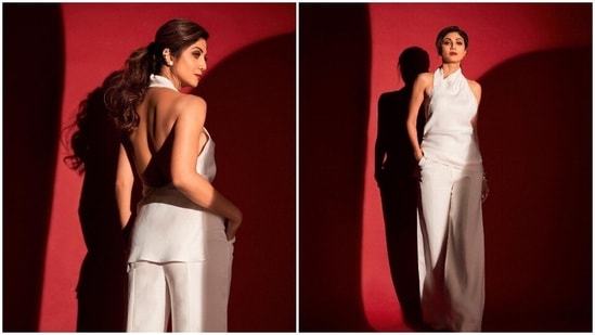 Fitness enthusiast Shilpa Shetty slightly turns her back to the camera to flaunt her toned back.(Instagram/@tanghavri)