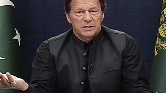 Islamabad, Apr 02 (ANI): Pakistan Prime Minister Imran Khan addresses the nation, in Islamabad on Saturday. (ANI Photo/PTV) (ANI)