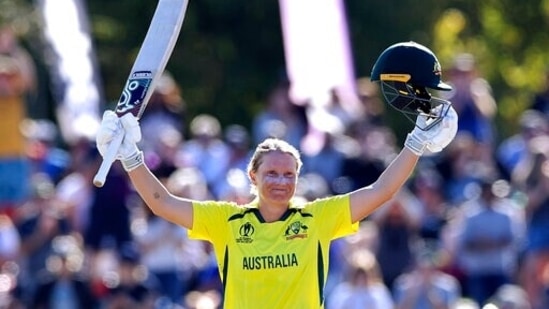 Australia's Alyssa Healy celebrates century against England during the final of the ICC Women's Cricket World Cup in Christchurch, New Zealand.(AP)