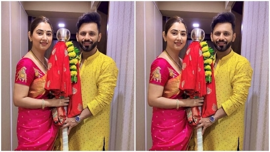 Disha and Rahul wore traditional ensembles for the festivities and clicked pictures with the Gudi - made by tying a piece of fresh cloth around a bamboo stick. They also placed Neem leaves and garland on top of the Gudi.(Instagram/@dishaparmar)