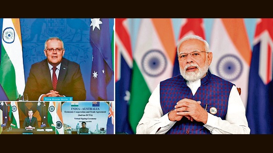 India on Saturday signed AI-ECTA, close on the heels of a similarly important agreement with the UAE in February. (ANI/ PIB) India on Saturday signed AI-ECTA, close on the heels of a similarly important agreement with the UAE in February. (ANI/ PIB)