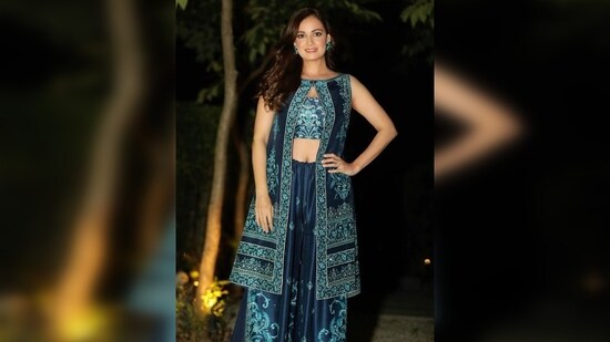 Dia Mirza was more than happy to wear this glamorous blue sharara ensemble and sent her best wishes to the designer.  She wrote, "Hemant, may you continue to grow and shine.."(Instagram/@diamirzaofficial)