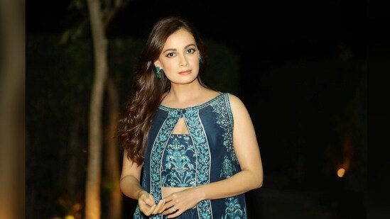 The outfit consists of a sleeveless jacket with a blue print, an inner bustier printed in raw silk with bead and sequin work.  Dia Mirza paired her look with palazzo pants and a georgette stole.  (Instagram/@diamirzaofficial)