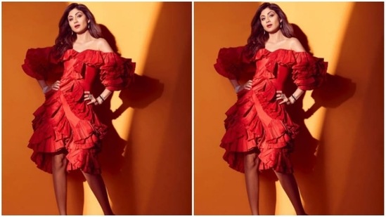 Shilpa Shetty grabs eye balls in this fierce yet elegant avatar in a red ruffled off-shoulder dress.(Instagram/@theshilpashetty)
