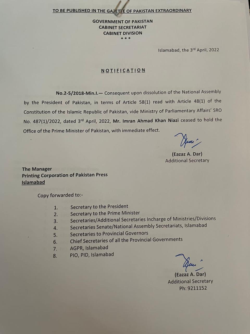 Pakistan Cabinet Secretary note stating Imran Ahmed Khan Niazi is no longer Pakistan PM Pakistan Cabinet Secretary note stating Imran Ahmed Khan Niazi is no longer Pakistan PM