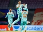 Avesh Khan of Lucknow Super Giants celebrates the wicket of Abdul Samad of Sunrisers Hyderabad, during match 12 of the Indian Premier League 2022(PTI)