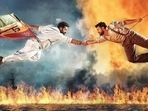 Jr NTR and Ram Charan in a still from RRR. Jr NTR and Ram Charan in a still from RRR.