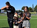 Ross Taylor gets emotional as he walks back after the pre-match rituals with his children(Twitter)