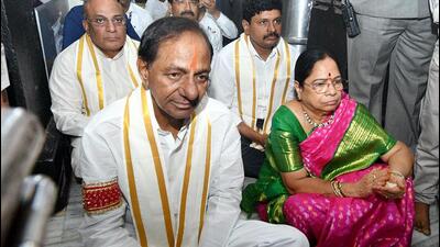 Telangana chief minister K Chandrasekhar Rao, accompanied by his wife Shobha, daughter K Kavitha and others, flew down to New Delhi late on Sunday. (ANI File) Telangana chief minister K Chandrasekhar Rao, accompanied by his wife Shobha, daughter K Kavitha and others, flew down to New Delhi late on Sunday. (ANI File)