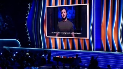 President of Ukraine, Volodymyr Zelenskyy, speaks on screen at the 64th Annual Grammy Award in Las Vegas. (Chris Pizzello/Invision/AP) President of Ukraine, Volodymyr Zelenskyy, speaks on screen at the 64th Annual Grammy Award in Las Vegas. (Chris Pizzello/Invision/AP)
