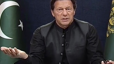 Islamabad, Apr 02 (ANI): Pakistan Prime Minister Imran Khan addresses the nation, in Islamabad on Saturday. (ANI Photo/PTV) (ANI) Islamabad, Apr 02 (ANI): Pakistan Prime Minister Imran Khan addresses the nation, in Islamabad on Saturday. (ANI Photo/PTV) (ANI)