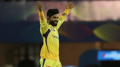 Chennai Super Kings' all-rounder Ravindra Jadeja celebrates the dismissal of Liam Livingstone (ANI)
