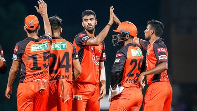 Washington Sundar of Sunrisers Hyderabad celebrates with teammates after the wicket of Evin Lewis of Lucknow Super Giant (PTI) Washington Sundar of Sunrisers Hyderabad celebrates with teammates after the wicket of Evin Lewis of Lucknow Super Giant (PTI)