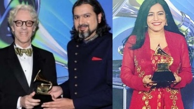 (Left) Ricky Kej and Stewart Copeland pose with their Grammy Award; (Right) Falguni Shah after winning her first Grammy. (Left) Ricky Kej and Stewart Copeland pose with their Grammy Award; (Right) Falguni Shah after winning her first Grammy.