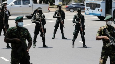 Sri Lankan army soldiers stand guard near the Independence Square as opposition alliance Samagi Jana Balawegaya party members protest against President Gotabaya Rajapaksa in Colombo.&nbsp; (REUTERS)