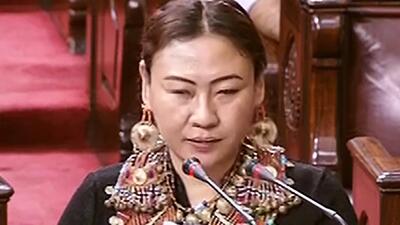 Phangnon Konyak, 44, who has become Nagaland’s first woman Rajya Sabha MP, took oath in the Upper House wearing her traditional Naga clothes and jewelry. (PTI) Phangnon Konyak, 44, who has become Nagaland’s first woman Rajya Sabha MP, took oath in the Upper House wearing her traditional Naga clothes and jewelry. (PTI)
