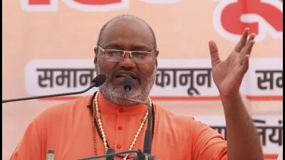 Priest Yati Narsinghanand at the 'Hindu Mahapanchayat' on Sunday. (PTI)