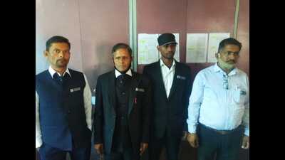 The four accused in police custody in Agra who came as members of the flying squad during UP Board exam. (HT photo)