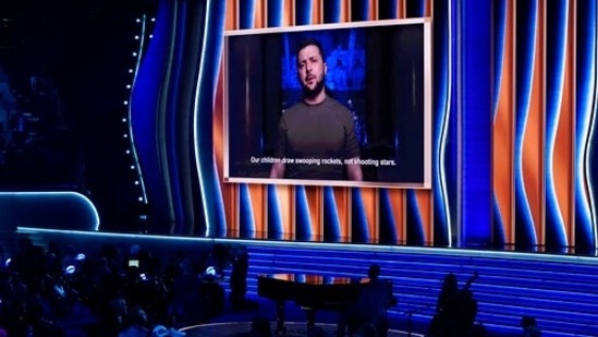 President of Ukraine, Volodymyr Zelenskyy, speaks on screen at the 64th Annual Grammy Award in Las Vegas.(Chris Pizzello/Invision/AP)