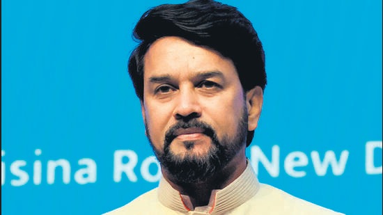 New Delhi, Apr 04 (ANI): Union Minister of Youth Affairs and Sports Anurag Thakur at the launch of 'Broadcast Seva Portal', in New Delhi on Monday. (ANI Photo) (Sanjay Sharma)