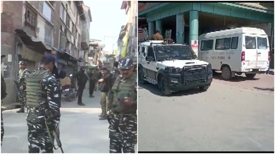 protection personnel In Lal Chowk in Srinagar after the conquest of terrorists fire In Fuan CRPF.  (Right) An ambulance stationed outside hospital.  (Ani)