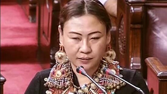 Phangnon Konyak, 44, who become nagaland first Mrs. Rajya Sabha MP, took swear in upper house wearing she has traditional Naga for clothes and jewelry.  (PTI)