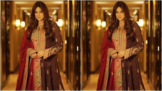 The deep purple suit set Harnaaz opted is from the shelves of the designer label Rimple And Harpreet Narula. It features a Kalidar kurti adorned with intricate prints that take inspiration from the early 19th century, heavy embroidery using Kasab-dori and Resham marodi, sequin and pearl embellishments, and patchwork.