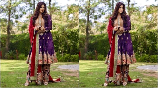 Harnaaz teamed the kurti with matching pants replete with the same patterns, embroidery and sequin work. She completed the look with an embroidered earthy maroon dupatta that too had similar design elements.(Instagram/@missuniverse)