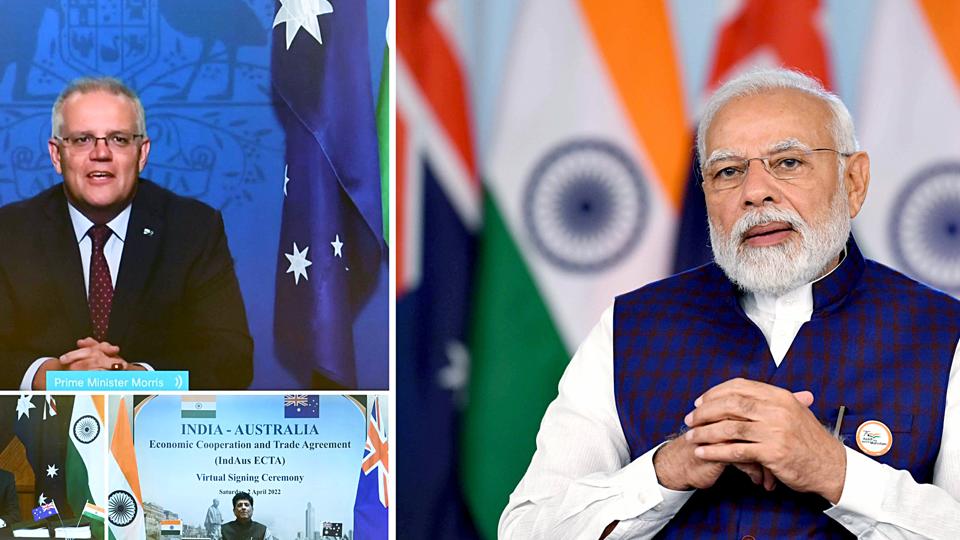 Prime Minister Narendra Modi at the virtual signing ceremony of the India-Australia Economic Cooperation and Trade Agreement (ECTA), in New Delhi on Saturday. (ANI/ PIB.) Prime Minister Narendra Modi at the virtual signing ceremony of the India-Australia Economic Cooperation and Trade Agreement (ECTA), in New Delhi on Saturday. (ANI/ PIB.)