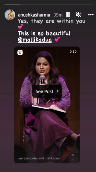 Anushka Sharma shares Mallika Dua's poetry session.