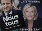 Official campaign posters of French President and centrist LREM party candidate for re-election Emmanuel Macron and Marine Le Pen, leader of French far-right National Rally (Rassemblement National) party.