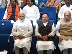 Prime Minister Narendra Modi, BJP president J P Nadda and Union minister Amit Shah at the BJP Parliamentary party meeting, in New Delhi on Tuesday. (Arvind Yadav/HT photo)