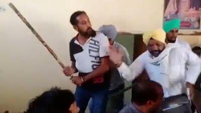 A clash between two AAP factions over controlling the local truck union left four people injured in Abohar on Monday. (Video grab) A clash between two AAP factions over controlling the local truck union left four people injured in Abohar on Monday. (Video grab)