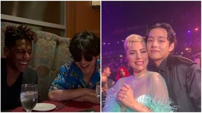 BTS' V met Jon Batiste after the Grammys in Las Vegas.