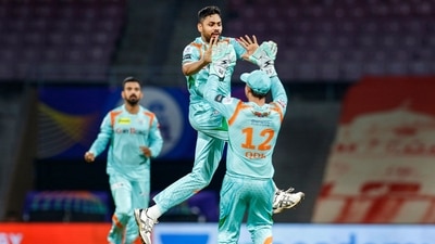 Avesh Khan of Lucknow Super Giants celebrates the wicket of Abdul Samad (PTI) Avesh Khan of Lucknow Super Giants celebrates the wicket of Abdul Samad (PTI)