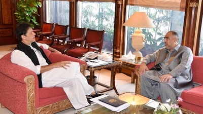 A file photo of Pakistan speaker Asad Qaiser with Imran Khan. (Twitter/Asad Qaiser)
