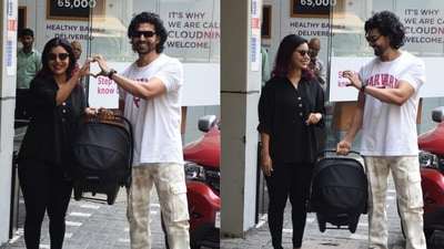 Debina Bonnerjee and Gurmeet Choudhary outside the hospital. (Varinder Chawla)