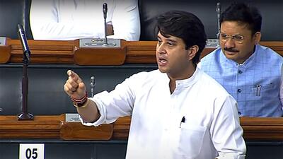 Union minister for civil aviation Jyotiraditya M Scindia during a Parliament session. (ANI) Union minister for civil aviation Jyotiraditya M Scindia during a Parliament session. (ANI)