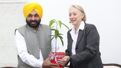 British deputy high commissioner Caroline Rowett presenting a mango sapling to Punjab chief minister Bhagwant Mann as a token of goodwill in Chandigarh on Tuesday. (Courtesy: Twitter) British deputy high commissioner Caroline Rowett presenting a mango sapling to Punjab chief minister Bhagwant Mann as a token of goodwill in Chandigarh on Tuesday. (Courtesy: Twitter)