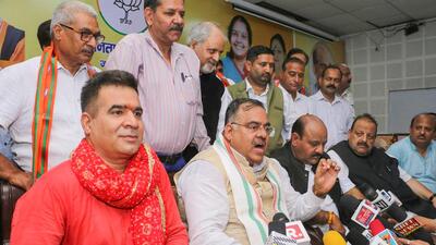 BJP national general secretary Tarun Chugh addresses the media after former PDP leader Surinder Choudhary and others join the party in Jammu on Tuesday. (PTI) BJP national general secretary Tarun Chugh addresses the media after former PDP leader Surinder Choudhary and others join the party in Jammu on Tuesday. (PTI)