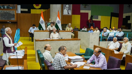 Haryana chief minister Manohar Lal Khattar speaking during the special session of the state assembly in Chandigarh on Tuesday. (PTI)