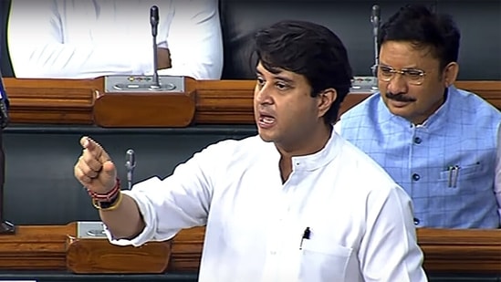 Union Minister for Civil Aviation, Jyotiraditya M. Scindia speaks in the Lok Sabha during the second part of the Budget Session of Parliament.(ANI)