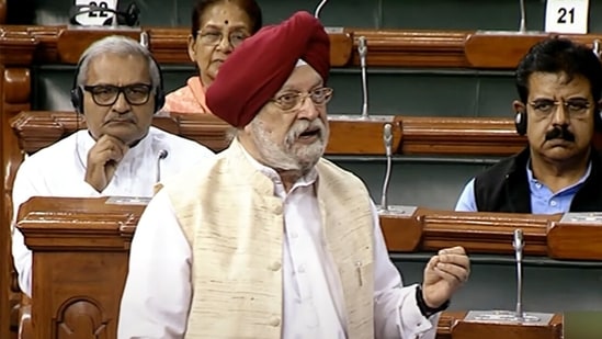 Union Minister of Petroleum and Natural Gas Hardeep Singh Puri speaks in the Lok Sabha during the second part of Budget Session of Parliament, in New Delhi on Tuesday.&nbsp;((ANI Photo/Sansad TV))