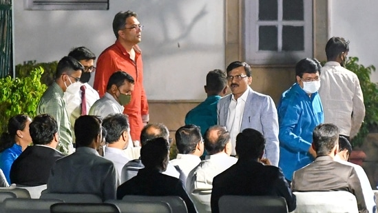 Shiv Sena leader Sanjay Raut during the dinner party at Sharad Pawar's residence in New Delhi on Tuesday.&nbsp;