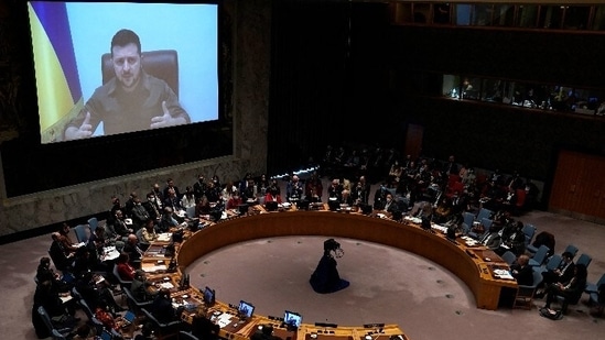 Ukrainian President Volodymyr Zelenskyy addressing the members of UNSC.