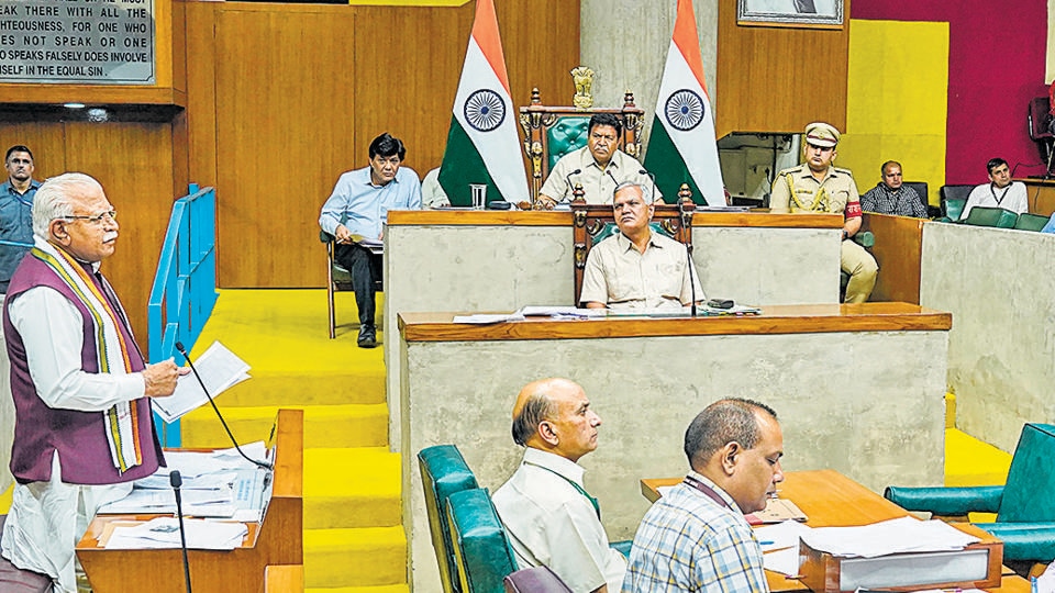Haryana chief minister Manohar Lal Khattar speaks during the one-day special session of the state Assembly, in Chandigarh.&nbsp;